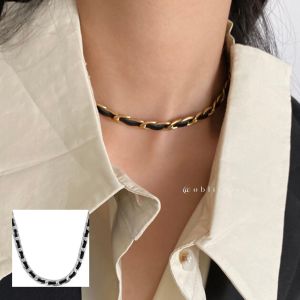 Cowhide Leather Chain Link Choker Silver 18K Gold Necklace • Waterproof Non Tarnish Jewelry • 316L Stainless Titanium Steel Necklaces for Girl Gift Women NL136