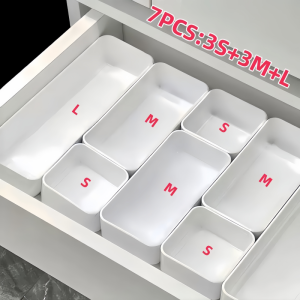 7Pcs Interlocking Drawer Storage Bins Plastic Drawer Organizer Trays for Vanity Stationery Kitchen Gadgets Home Organization