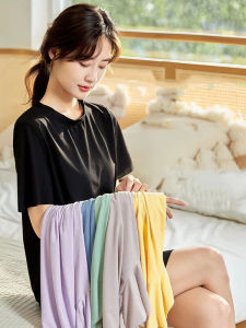 Ice Silk T-Shirt Dress Womens Loose Comfortable Home Long Dress Sleepwear Casual Style A-Line Skirt Short Sleeve Summer Dress