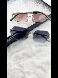 Kacamata Hitam Tanpa Bingkai Mewah Wanita Modis Poligonal Perlindungan UV