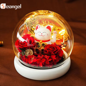 Seangel Preserved Flower Lucky Cat Doll for appreciation Gifts Preserved Fresh Rose Handmade for Valentines Day Gift、Birthday Gift Mothers Day Christmas ThanksgivingValentines Day Gift 招财猫玩偶礼物