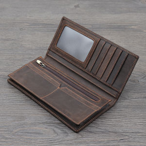 Retro Mens Long Wallet Handmade Top Layer Cowhide Leather Fashionable Artistic Phone Purse with Card Slots Zipper Pocket