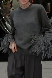 เสื้อสเวตเตอร์คอปกกลมสีเทาสำหรับผู้หญิง ฤดูใบไม้ร่วง/ฤดูหนาว เสื้อสเวตเตอร์ถักขนสัตว์เนื้อนุ่ม สไตล์ยุโรป คุณภาพสูง แขนยาว ทรงสลิมฟิต