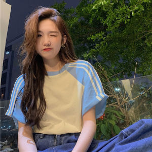 American Style Contrast Color Short Sleeve Pure Cotton T-Shirt Womens Summer Chinese Fad Ins Retro College Style Stripes Raglan Half Sleeve Tops