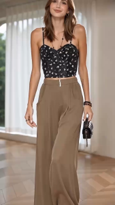 D#2626 Womens High Waist Chiffon Wide Leg Pants Casual Flowy Palazzo Trousers with Pockets