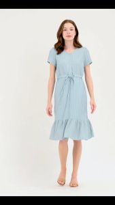 Krizia Textured Cotton Knit Stretch V-Neck Button Down Drawstring Flounce Hem Long Midi Dress | Formal Party Casual Office Work