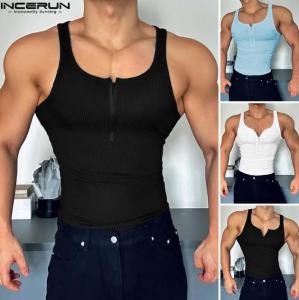 INCERUN Mens Sport Fitness Muscle Knit Vests Stylish O-Neck Half-Zip Design Skinny Tanks (Western Style) #241009