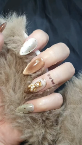 Lizzy Nail AL004 – Nailbox Móng Úp Thỏ Nâu Caramel Ánh Kim – Set 10 Móng Giả Caramel Brown Bunny Press On Nails Almond/Medium Stiletto