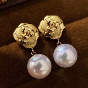 Montagne Jewelry 18k Pure Gold Earring for women Rose Design Fine Jewellery Natural 7-8mm Akoya Pearl Earrings Stud Earring