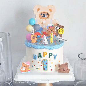 Adorable Bear Sticker Birthday Card Baby Cake Decoration Plugin Hat Color Flag Cartoon Candle Label for 1 Year Old Celebration