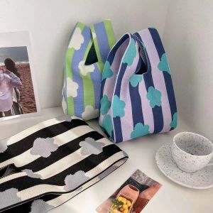 New Knitted Handbag Lunch Box Work Bag Women Casual Tote Bag Commuter Bag Soft Polyester Material Foldable Plant Floral Pattern