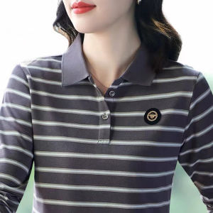 QIAOXIZI | Cotton Striped Long Sleeve Polo Shirt for Women