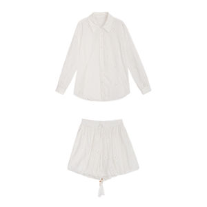 Leisure Vacation Suit for Women Summer Vest Hollow-out Embroidery Long-sleeve Sunscreen Blouse and Skirt Pants