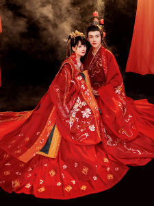 Song Dynasty Style Wedding Dress Womens Hanfu with Train Floral Bride Crown Fairy Tailcoat Polyester Fiber Material