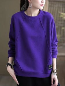 เสื้อสเวตเตอร์คอกลมแขนยาวผ้าฝ้ายแท้ 100% ทรงหลวม แฟชั่นฤดูใบไม้ร่วง/ฤดูหนาว เสื้อผ้าทำงานลำลองสำหรับผู้หญิง