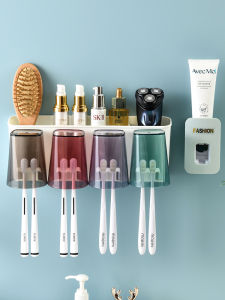 ตู้เก็บของสำหรับแปรงสีฟันแบบติดผนัง ไม่ต้องเจาะ พร้อมที่ใส่ยาสีฟันและแก้วสำหรับใส่น้ำยาฆ่าเชื้อแบคทีเรีย อุปกรณ์ดูแลสุขอนามัยส่วนบุคคล