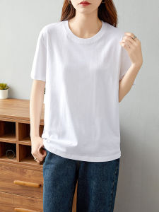 Pure Cotton White Short Sleeve T-Shirt Womens Loose Fit Summer New Style Big Size Solid Color round Neck Casual Top