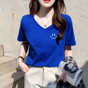Slim Loose Design Cotton T-Shirt V-Neck Print