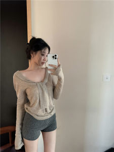 Khaki Sash V-Neck Long Sleeve Knitwear Womens Slim Fit Base Shirt Pure Color Chic Versatile Top Korean Style Commute Fashion