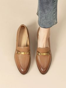 Handmade Comfortable Shoes | 4.5cm ~ French Retro Metal Buckle Chunky Heel Loafers Womens Small Leather Shoes Mid-Heel Shoes