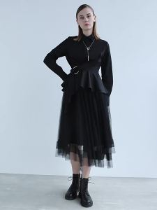 SDEER | Áo Sơ Mi Dài Tay Phong Cách Casual Mùa Đông Cổ Trụ Nơ Buộc Kiểu Dáng Không Đều Màu Đen