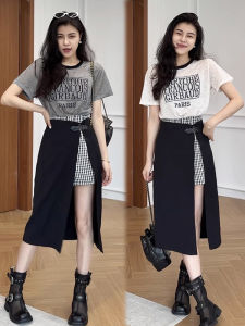 Shalldoer | Unique Beautiful Ladies Summer Letter Print Short Sleeve T-Shirt Plaid Mini Skirt Two-Piece Set Fashionable Round Neck Top