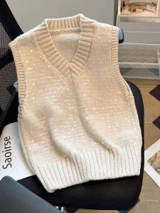 เสื้อกั๊กผ้าขนแกะประดับเลื่อมหรูหราสำหรับผู้หญิง ฤดูใบไม้ผลิ 2024 เสื้อสเวตเตอร์แขนกุดแบบหนา ทรงหลวม คอวี ผ้าฝ้ายผสม