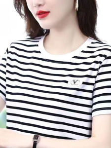 HUAXUNRAN | Summer Loose-Fit T-Shirt for Women with Belly Cover Stripes Cotton Top