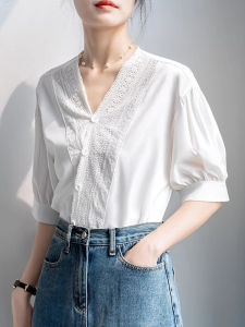 French Vintage Summer New High-end Business Leisure White V-neck Blouse