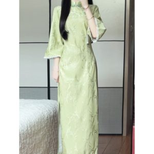 Green Matcha Taro Long Qipao Elegant Lady Style Young Fresh Large Sleeve New 2025 Spring Summer Fashion Ladies Dress