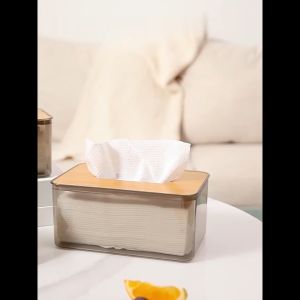 OFM-C999 Tempat Tissue Transparan Estetik Tutup Kayu Minimalis / Kotak Tissue Box Wadah Tisu