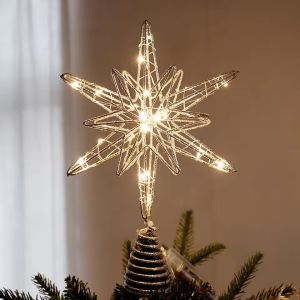 Christmas Tree Toppers Star with LED String Lights Ornaments Creative LED Lights Glitter Xmas Tree Decoration for Party Decor