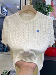 Cream Candy Color Heart-Shape Lock Embroider Short Sleeve Cable-Knit Sweater Womens Summer Western Style Youthful-Looking Casual Small Shirt Top