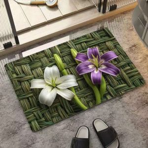 VIKAMA 3D Embroidery Style Lily Flower Bath Mat Non-Slip Super Absorbent Washable Floor Mat for Bathroom Entryway Home Decor