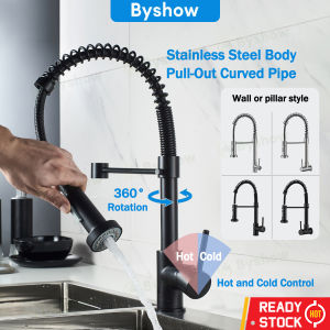 Byshow 360° Rotating Dual Spray Kitchen Faucet 304 Stainless Steel Spring Hose Pull Down Tap extender with Ceramic Cartridge sink Wall Deck Mount Hot Cold water tap head Mixer Leak-Proof Scratch Resistant paip singki dapur 水龙头延伸器