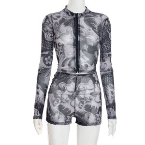 Womens Long Sleeve Three Part Short Set Pleated Casual Pants mid Low Waist Zipper PU Leather Fabric Printed See through