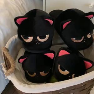 XIXITIAO 2024 New Winter Cartoon Cotton Slippers Cute Couple Little Black Cat Fluffy Slippers Fashion Men and Women Shibao Warm Cotton Shoes