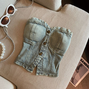 Denim Style Womens Summer Crop Top Vest One-Piece Wrap Chest Design Small Niche Slit Pad Denim Tube Top by Fubafui