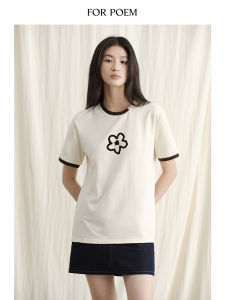 เสื้อยืดแขนสั้นผ้ากำมะหยี่พิมพ์ลายดอกไม้สไตล์ลำลองสำหรับฤดูร้อน ForPoem ดีไซน์ดั้งเดิม เสื้อยืดคอตตอนระบายอากาศได้ดีสำหรับผู้หญิง