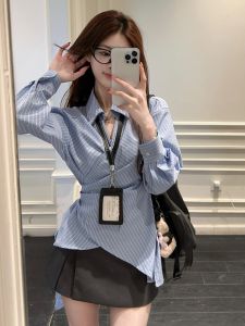 GUZILIAN | Elegant Blue Striped Shirt Womens Early Spring Side Knot Waist Cinching Cross Design Korean Style Unique Fashionable Blouse