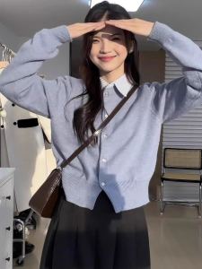 Elegant Design Long Sleeve Knitted Sweater Fake Two-Piece Womens Inner Wear Base Shirt Korean Style Commute Pure Color