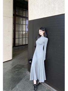 French Grey Long Sleeve Midi Dress Womens Slimming A-Line Knee-Length Dress Commute Style Half High Collar Maxi Dress