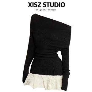 Váy Dệt Kim Hở Vai Gợi Cảm Cho Nữ Mùa Thu Đông Dài Tay Ôm Eo Thon Gọn Màu Đen Váy Ngắn Hở Lưng