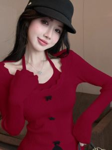 Butterfly Knot Knitted Sweater Womens Autumn Winter New Style Pure Desire Hanging Neck Fake Two-Piece Base Shirt Sweater