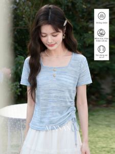 Áo Thun Xanh Form Đơn Giản Cổ Vuông Quai Đeo Dây Kéo