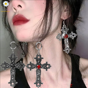 ต่างหูอัญมณีประดับเพชรเม็ดใหญ่สไตล์โกธิคสีเงินอัญมณีสไตล์พังค์แฟชันงดงามของขวัญต่างหูรูปไม้กางเขนสำหรับผู้หญิง