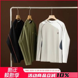 American Style Loose Fit Long Sleeve Knitted Cotton T-Shirt Designer Line Contrast Color Patchwork Casual round Neck Sweatshirt for Men