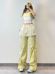 XXBUNI KPOP Jazz Dance Set Fake Two-Piece Lace Strap + Yellow Bowtie Sports Pants Dancing Long Trousers Casual Loose Fit Cotton