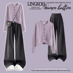 NUMEN BUTTON | Fall Oversized Elegant Set French Style Rejuvenating Knitted Cardigan Matching Drape Casual Pants Two-piece Set