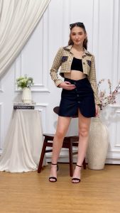 Blandcy Beige Black Outer Crop Outwear Women